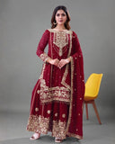 Ready To Wear Maroon Soft Georgette Sharara Suit With Dupatta