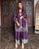 Ready To Wear Purple French Silk Embroidery Kurti Palazo With Dupatta