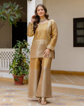 Ready To Wear Golden Beige Banarasi Viscos Silk Embroidery Palazo Kurti With Dupatta
