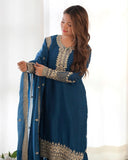 Ready To Wear Teal Blue Pure Chinon Silk Embroidery Kurti Pant With Dupatta