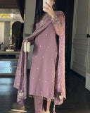 Exclusive Lavender Soft Georgette Embroidery Top Bottom With Dupatta