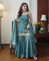 Exclusive Sea Green Simmer Silk Embroidery Palazo Kurti With Dupatta