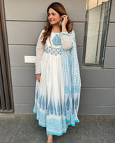 Premium White Heavy Faux Georgette Embroidery Gown Set With Dupatta