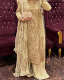 Exclusive Beige Gold Soft Georgette Zari Embroidery Palazo Kurti With Dupatta