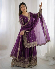Exclusive Purple Green Simmer Silk Embroidery Palazo Kurti With Dupatta