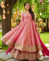 Ready To Wear Pink And Green Crunchy Silk Anarkali Palazo With Dupatta