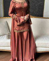 Ready To Wear Rust Brown Natural Crep Silk Palazo Kurti With Dupatta