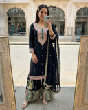 Ready To Wear White And Black Chinon Silk Embroidery Sharara Kurti With Dupatta