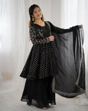 Exclusive Pink Black Crunchy Silk Embroidery Frock Palazo With Dupatta