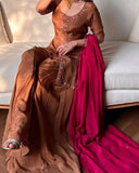 Ready To Wear Brown Pure Glass Satin Silk Palazo Kurti With Dupatta
