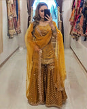 Ready To Wear Mustard Heavy Chinon Silk Embroidery Sharara Kurti With Dupatta
