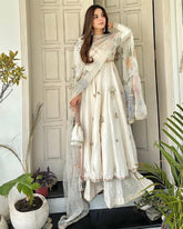 Exclusive White Chinon Silk Embroidery Anarkali Palazo With Dupatta
