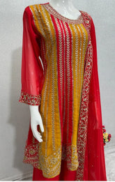 Designer Red Embroidered Kurta Palazzo Set with Dupatta