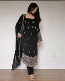 Ready To Wear Black Soft Georgette Embroidery Kurti Pant With Dupatta