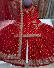 Exclusive Red Chinon Silk Embroidery Gharara Suit With Dupatta