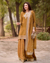 Ready To Wear Mustard Mul Chanderi Embroidery Palazo Kurti With Dupatta