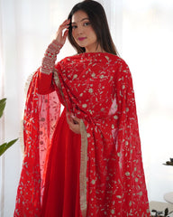 Ready To Wear Red Faux Georgette Sequence Work Anarkali Gown With Dupatta