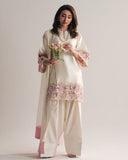 Ready To Wear White Natural Crep Silk Embroidery Farshi Salwar Kurti With Dupatta