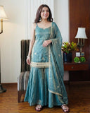 Exclusive Sea Green Simmer Silk Embroidery Palazo Kurti With Dupatta
