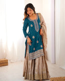 Premium Yellow Peacock Blue Premium Chinon Silk Embroidery Gharara Suit With Dupatta