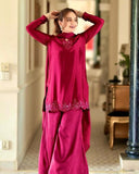 Ready To Wear Deep Rose Pink Pure Natural Crep Silk Embroidery Plazzo Kurti With Dupatta