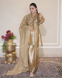 Ready To Wear Rich Golden Fendy Silk Embroidery Farshi Salwar Kurti With Dupatta