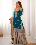 Premium Yellow Peacock Blue Premium Chinon Silk Embroidery Gharara Suit With Dupatta