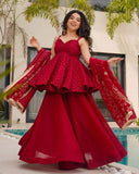 Ready To Wear Cream And Red Pure Taby Organza Silk Sharara Suit With Dupatta