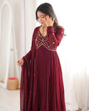 Ready To Wear Maroon Soft Georgette Embroidery Anarkali Pant With Dupatta