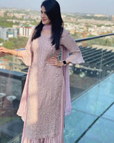 Designer Mauve Pink Embroidered Kurta Plazzo Set with Dupatta