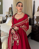 Ready To Wear Crimson Red Chinon Silk Embroidery Gown Pant With Dupatta