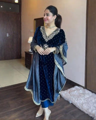 Exclusive Blue Premium Velvet Embroidery Kurti Pant With Dupatta