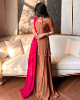 Ready To Wear Brown Pure Glass Satin Silk Palazo Kurti With Dupatta