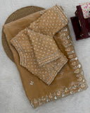 Exclusive Beige Golden Simmer Silk Embroidery Saree With Blouse