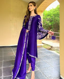 Exclusive Dark Purple Pure Roman Silk Embroidery Pant Kurti Suit With Dupatta