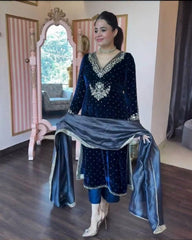 Exclusive Blue Premium Velvet Embroidery Kurti Pant With Dupatta