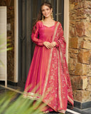 Exclusive Pink Roman Shimmer Silk Embroidery Anarkali Suit With Dupatta