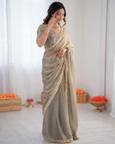 Premium Ready To Wear Peach Grey Simmer Silk Saree With Blouse