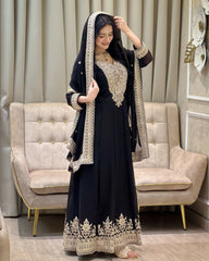 Exclusive Black Dark Pink Purple Soft Georgette Embroidery Gown Pant With Dupatta