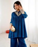 Ready To Wear Teal Blue Chinon Silk Embroidery Plazzo Frock With Dupatta