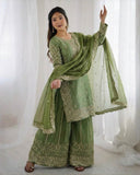 Exclusive Purple Green Simmer Silk Embroidery Palazo Kurti With Dupatta