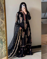 Ready To Wear Black Chinon Silk Embroidery Plazzo Kurti With Dupatta