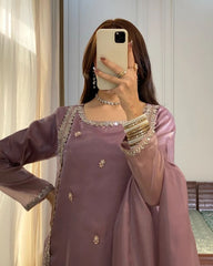 Ready to Wear Premium Dusty Pink Jimmy Silk Suit Set With Embroidery Thread & Hand Work