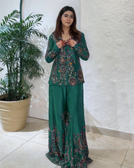 Exclusive Green Purple Maroon Rani Chinon Silk Embroidery Plazo Koti With Blouse