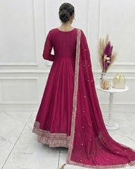Exclusive Dark Pink Pure Vichitra Silk Anarkali Suit With Dupatta