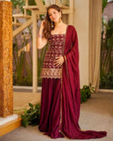 Ready To Wear Red And Green Soft Georgette Embroidery Sharara Kurti With Dupatta