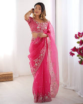 Premium Pink Premium Gold Crush Embroidery Saree With Blouse