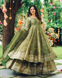 Ready To Wear Pink And Green Crunchy Silk Anarkali Palazo With Dupatta