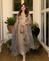 Exclusive Grey Soft Georgette Embroidery Kurti Pant With Dupatta