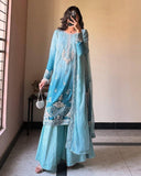 Ready To Wear Sky Blue Chinon Silk Embroidery Kurti Palazo With Dupatta